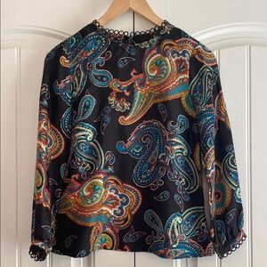 J Crew Women's Long‎ Sleeve Blouse Top Size 0 Black Paisley 100% Silk EUC